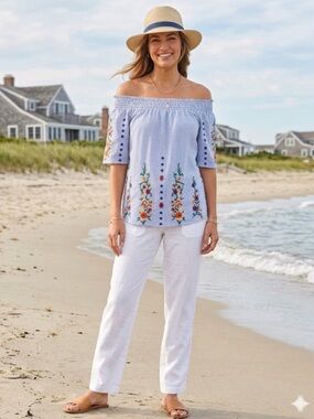 Solitaire XL Coastal Chic Seersucker Off-Shoulder Embroidered Statement Top EUC